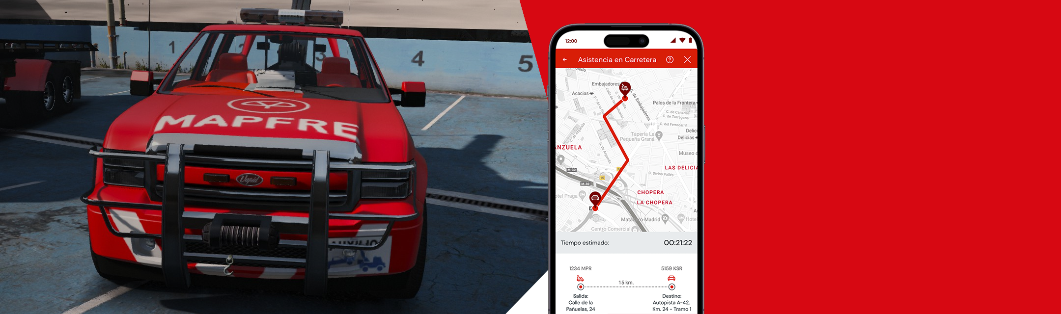 grúa de Mapfre con smartphone app de ubicación de seguro de coche